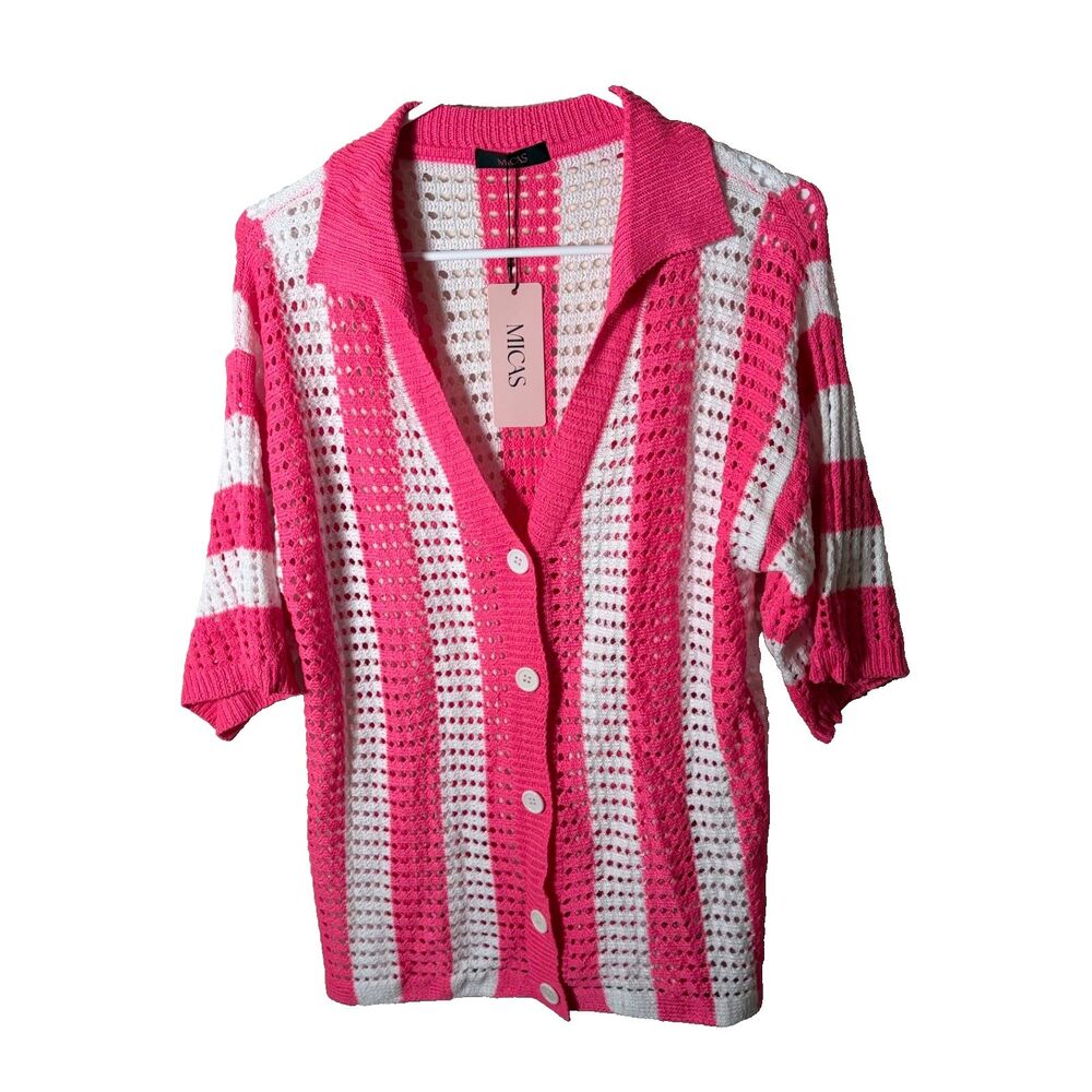 MICAS Shirt Women's Medium Striped Button Open Knit Sweater Collared NWT